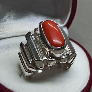 Mens Red Coral Ring: Handmade Sterling Silver Marjan Ring