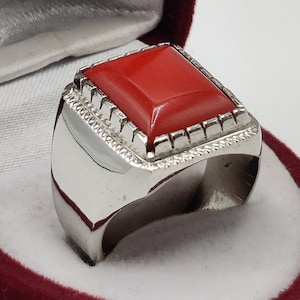Handmade Square Coral Sterling Silver Ring - Mens Marjan Ring