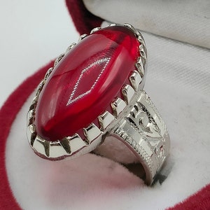 Oval Ruby Ring: Deep Red Cabochon, Sterling Silver 925, Handmade