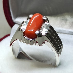Mens Handmade Coral Ring: Natural Red Marjan, Sterling Silver 925