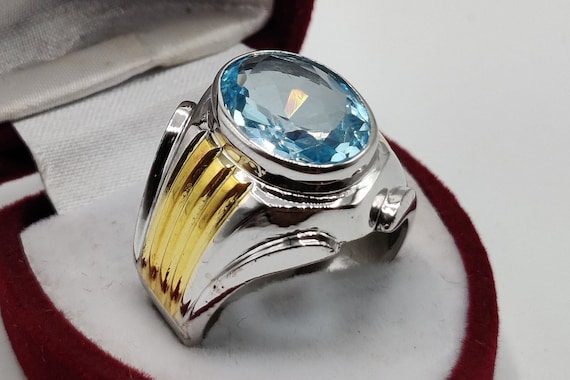 Oval Cut Rare Deep Blue Topaz Mens Ring Sterling Silver 925 Ring