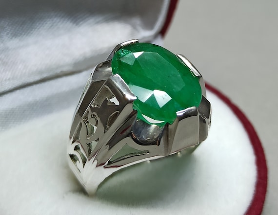 Mens Deep Green Emerald Ring Great Luster Emerald Ring Sterling
