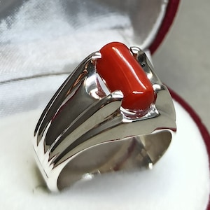 Natural Coral Mens Ring: Handmade Sterling Silver Marjan Ring