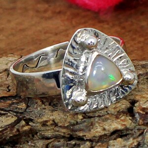 Handmade Trillion Synthetic Opal Ring: Adjustable Sterling Silver
