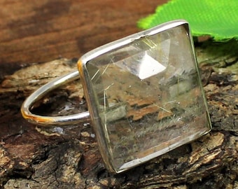 Goldener Rutilquarz Ring: Handgemachtes 925 Sterling Silber, quadratischer Edelstein