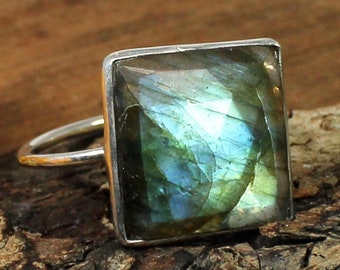 Rainbow Labradorite Ring: Square Gemstone, Sterling Silver, Handmade