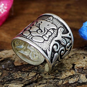 925 Silver Thumb Ring,Lord Ganesha Printed Ring,Adjustable Ring ,Men&#39;s Ring,Textured Ring,Men&#39;s Bold Ring, Silver Oxidized Ring ,Gift