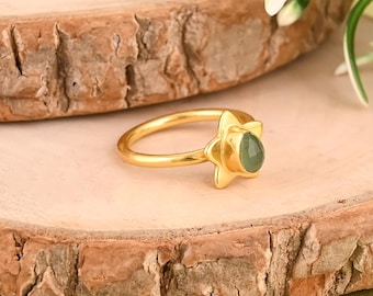 Prehnite Chalcedony Star Ring in Gold Plated 925 Sterling Silver Dainty Gemstone Ring