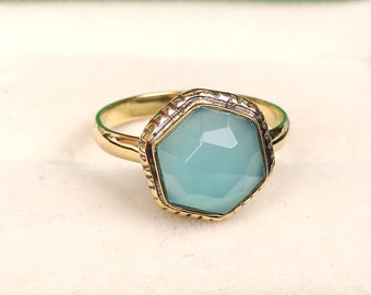 Hexagon Blue Chalcedony Gold Ring, 925 Silver Ring, Blue Chalcedony Jewelry, Gemstone Gift, Faceted Beautiful Stone, Chalcedony Jewelry