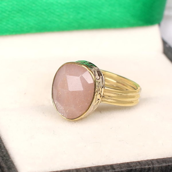 Light Pink Peach Moonstone Triple Band Large Ring For Engagement Gift