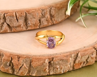 Purple CZ Oval Ring in Gold Plated 925 Sterling Silver Minimalist Statement Ring
