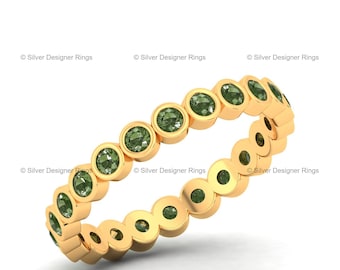 Green Tourmaline Eternity Ring, 925 Sterling Silver, Gold-Plated Stackable Band, October Birthstone Jewelry for Gift