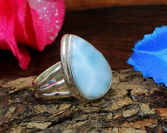 Pear Larimar Stone Ring-925 Sterling Silver-Larimar Ring-Birthstone Ring-Natural Larimar Ring-Split Band Ring-Blue Stone Ring-Christmas Gift