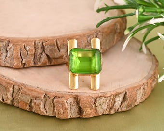 Peridot Gemstone Ring 925 Sterling Silver Gold-Plated Emerald-Cut Modern Designer Jewelry Gift