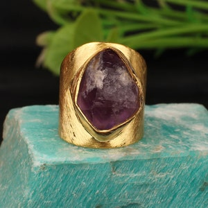 Raw Purple Amethyst Ring: Gold Plated 925 Silver Wide Band, Boho Gemstone