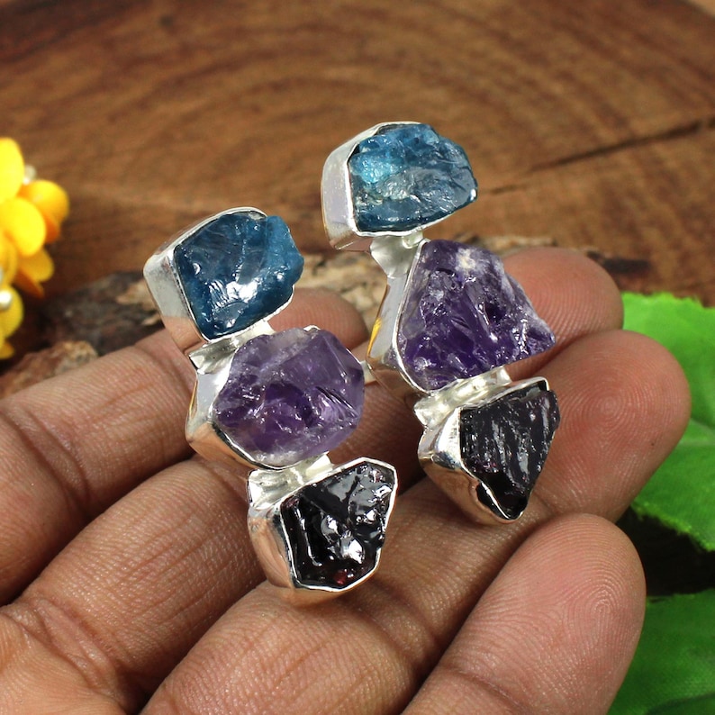 Neon Apatite Silver Ring,Garnet Silver Ring,Amethyst Silver Ring,Rough Ring,925 Sterling Silver Ring,Silver Christmas Gift,Adjustable Ring