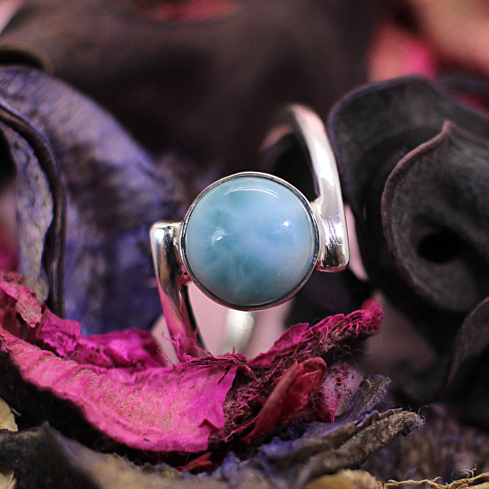Bypass Design Larimar Gemstone Ring - Sterling Silver, Natural Stone, Size 9