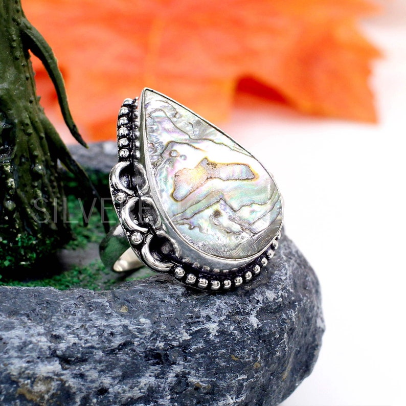 Silver Designer Ring Oxidized Sterling Silver Ring Pear Abalone Shell Ring Handmade Gemstone Ring -Gift for Her Christmas Gifts