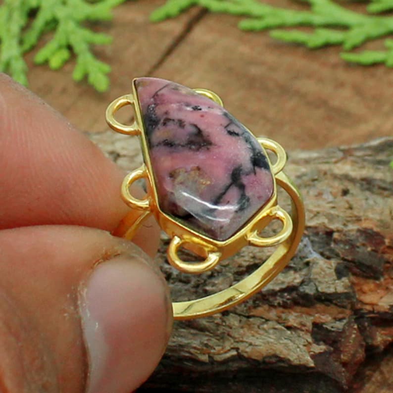 Rhodonite Ring Silver Natural Rohodnite Stone Ring Unisex Ring Pink Stone Ring Natural Gemstone Ring Gift for Her Rhodonite Jewelry