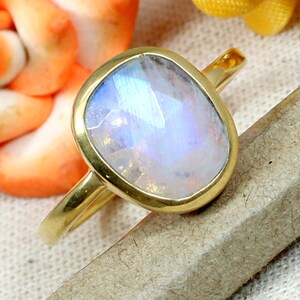Rainbow Moonstone Ring: Gold Plated 925 Sterling Silver Boho Ring