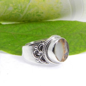 Wide Silver Band - Mojave Shell Pearl Ring - 925 Sterling Silver - Handmade Ring - Copper Pearl Jewelry - Round Stone - Birthday Gift - Boho