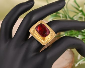Ruby Red Hydro Stone Statement Ring in 925 Sterling Silver | Bold Designer Ring | Gold Finish Minimalist Jewelry Gift for Her
