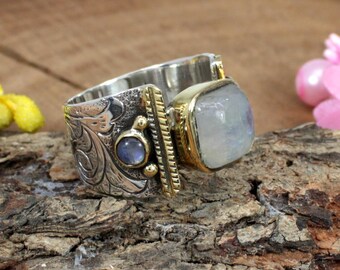 Moonstone Ring, Handmade Designer Silver Ring, Two Tone Ring