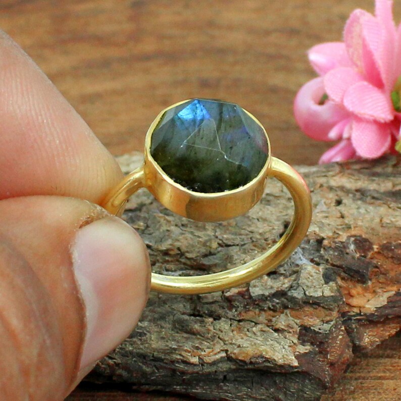 Blue Fire Labradorite Gemstone Sterling Silver Ring Bezel Ring Gypsy Rose Cut Gold Plated Ring Statement Ring Bohemian Gemstone Ring