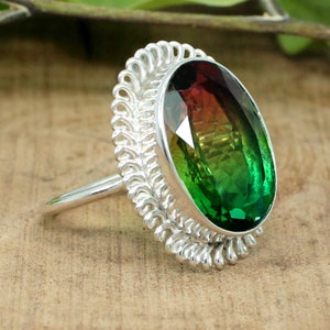 Designer Watermelon Tourmaline Bi Doublet Quartz Ring-925 Sterling Silver Ring-Handmade Ring-Oval Gemstone 16x12 mm Ring-Gemstone Ring- Boho