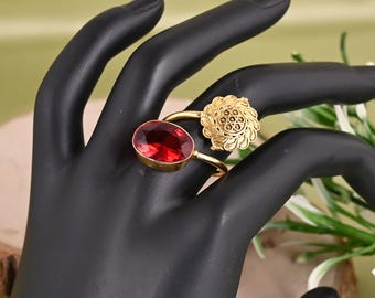 Garnet Gemstone 925 Sterling Silver Ring Gold Plated Wide Band Boho Artisan Jewelry Gift