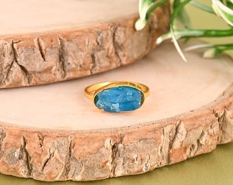 Neon Apatite Raw Ring in Gold Plated 925 Sterling Silver Statement Gemstone Ring