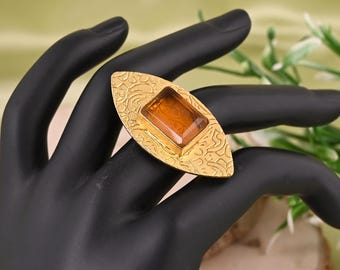925 Sterling Silver Ring Citrine Gold Plated Textured Wide Band Boho Artisan Jewelry Gift