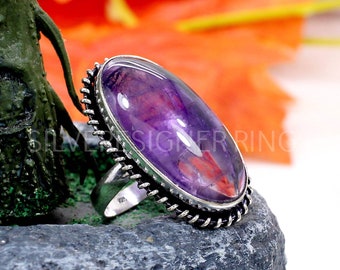 Natural Amethyst Gemstone Sterling Silver Ring - Oxidized Ring - Large Amethyst Ring - February Birthstone Ring - Birthday Gifts - Boho Ring