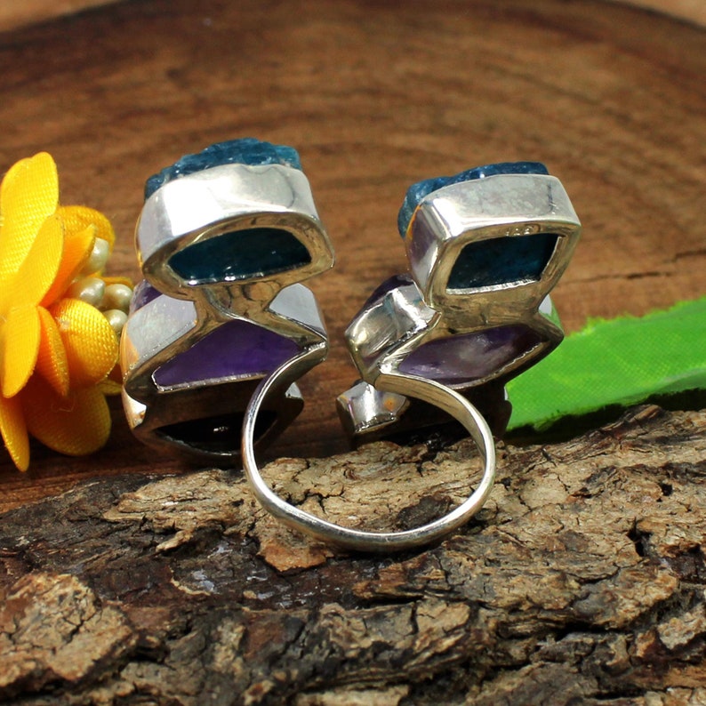 Neon Apatite Silver Ring,Garnet Silver Ring,Amethyst Silver Ring,Rough Ring,925 Sterling Silver Ring,Silver Christmas Gift,Adjustable Ring