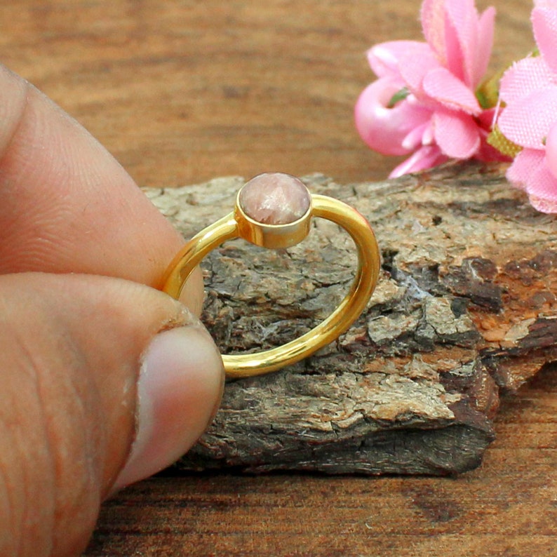 Rhodochrosite Ring Boho Pink Stone Ring Small Stone Ring Gold Plated Ring Gemstone Rings,Rhodochrosite Gemstone Sterling Silver Ring