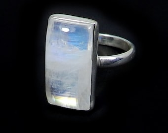 Handmade Rainbow Moonstone Gemstone Bezel Set Ring, Boho Ring, Vintage, 925 Silver Ring, Simple Ring, Rectangle Ring, Moonstone Jewelry
