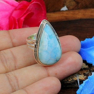 Handmade Teardrop Larimar Ring: 925 Sterling Silver Triple Band
