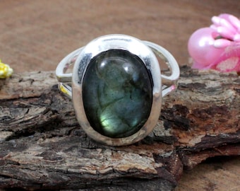 Labradorite Gemstone Ring: Adjustable Sterling Silver Oval Statement Ring