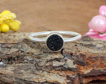 Black Druzy Silver Gemstone Ring