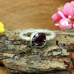 Raw Garnet Ring: January Birthstone, Hammered Sterling Silver Band