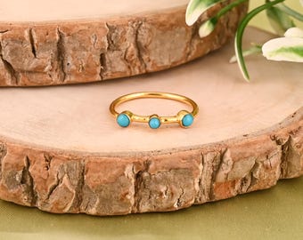 Dainty Turquoise Three-Stone Ring in Gold-Plated 925 Sterling Silver Minimalist Stacking Ring