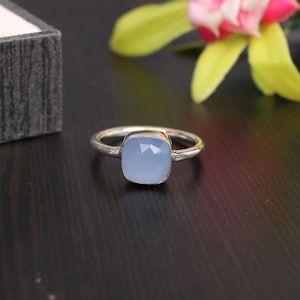 Dainty Blue Chalcedony Sterling Silver Ring - Handmade