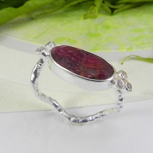 Natural Ruby Ring: Hammered Sterling Silver with CZ Accents