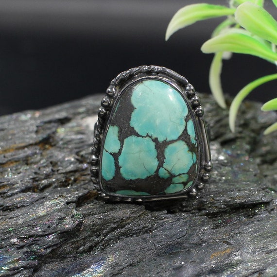 Tibetan Turquoise Ring, Natural Turquoise Gemstone Ring, Sterling Silver  Turquoise Jewelry, Boho Statement Ring, Handmade Gift for Her