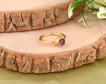 Dainty Amethyst Ring in 925 Sterling Silver Gold Plated Minimalist Purple Gemstone Ring