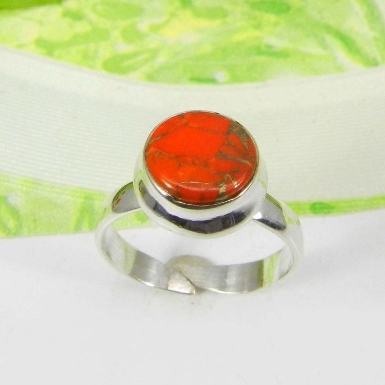 Round Turquoise Ring Orange Turquoise Ring Copper Etsy