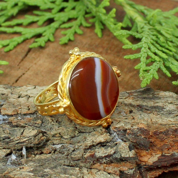 Natural Red Sardonyx Ring, Sterling Silver Ring, Round Ring, Handmade Ring, Gold Plated Silver, Stacking Ring, Onyx Ring, Bezel Ring, Dainty