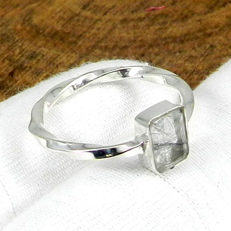 Black Rutile Ring 925 Sterling Silver Ring Twist Band Ring Natural Black Rutile Gemstone Ring Emerald Cut Ring Silver Designer Rings