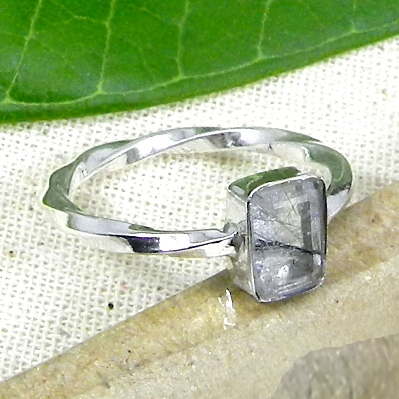 Black Rutile Ring 925 Sterling Silver Ring Twist Band Ring Natural Black Rutile Gemstone Ring Emerald Cut Ring Silver Designer Rings
