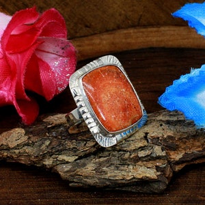 Natuurlijke spons koraal ring-vierkante koraalsteen-925 sterlingzilver-boho-verstelbare ring-zilveren designer ringen-cadeaus voor haar-koraal ringen